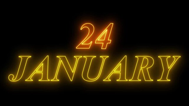 Glowing neon 24 january date text animation on black background. Neon January 24 Calendar Date Animation