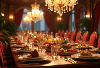 Exotic Dinner Party Dishes by Private Chef Catering Lavish Dessert Table for Billionaire Guests Under Grand Chandelier
