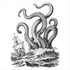 Obraz premium Legendary Kraken Sea Monster Attacking Ship Vintage Nautical Illustration