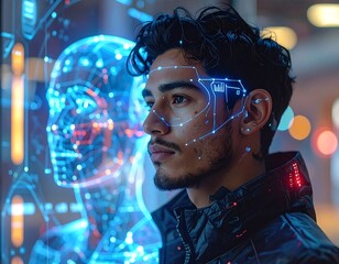 Young man gazes at glowing digital overlay of human head