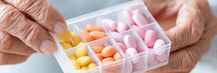 Elderly hands organizing daily medication in plastic pill organizer for effective organization management planning and health support while preparing doses with calm focus and routine