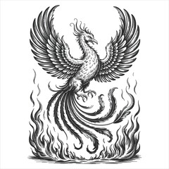 Mythical Phoenix Bird Rising from Flames Vintage Engraving Illustration for Logo Vector