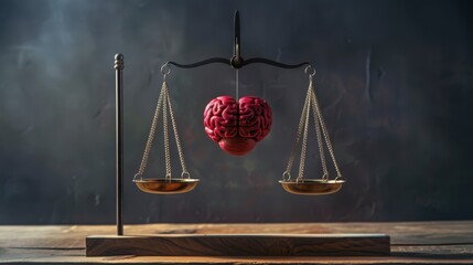 Image of heart, brain balancing on scale. Represents balance between intellect, emotions, feelings. Making decisions. Demonstrates harmony, peace, mindfulness, inner self. Suitable for psychology,