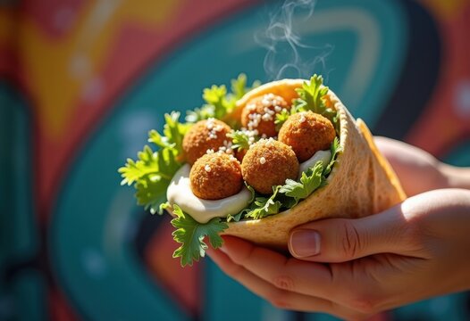 Falafel Wrap with Tahini Sauce Raw in Hand Urban Setting Party Vibrant Street Food Flavor Inspiration
