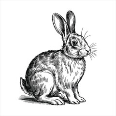 Cute Rabbit Sitting Illustration - Vintage Engraving Style Garden Wildlife