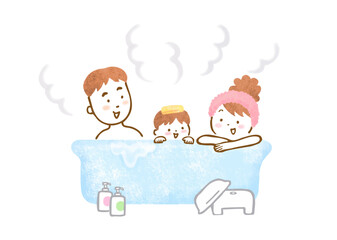 お風呂に入っている3人家族（両親と男の子）のイラスト