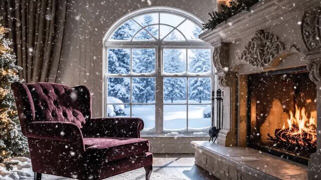 Cozy room with lit fireplace, armchair, and snowy view from an arched window