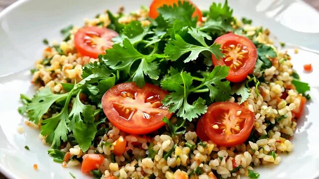 Colorful Grain Dish with Parsley and Tomato Slices On Plate.