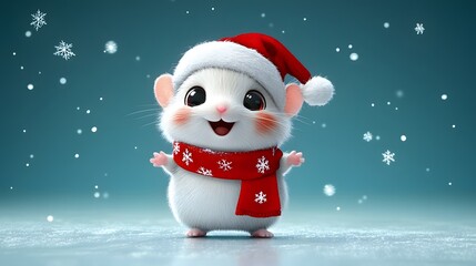 Cute hamster in a red scarf and hat celebrates winter with snowflakes during a festive season