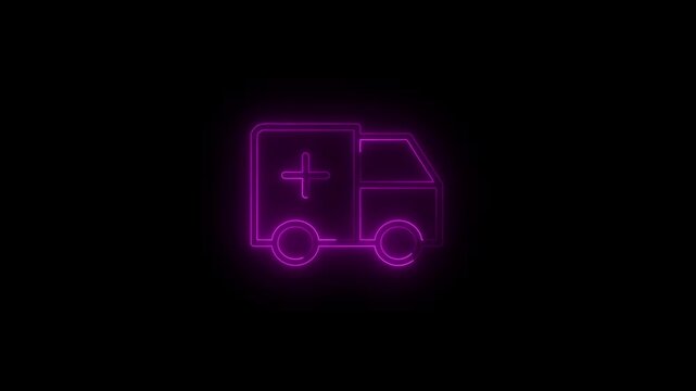 Neon ambulance icon with a medical cross. Represents emergency medical services, swift healthcare, first aid and hospital transport.