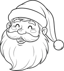 Smiling Santa Claus head line art vector illustration, Christmas character outline drawing, featuring happy face, hat, and full beard for holiday coloring pages and design.