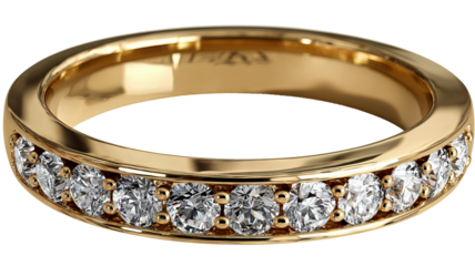 Golden ring with diamonds isolated in high resolution png style with clean transparent background feel, sparkling detailed cutout ideal for marriage proposal designs, bridal jewelry branding