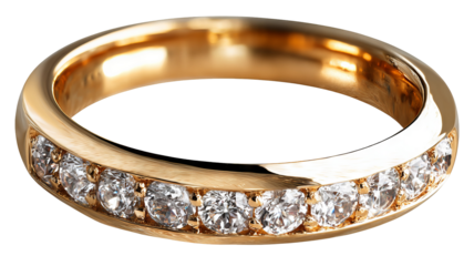 Golden ring with diamonds isolated in high resolution png style with clean transparent background feel, sparkling detailed cutout ideal for marriage proposal designs, bridal jewelry branding
