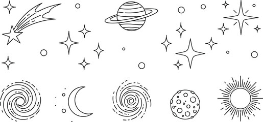 Minimalistic space line art vector icon set, featuring stars, planets, Saturn, moon, sun, comet, and abstract galaxies, perfect for science, astronomy, and cosmic design. © Afjal