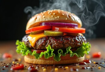 Sizzling Juicy Cheeseburger Crisp Lettuce Vibrant Tomatoes Tangy Pickles Fresh Onions Iconic Snack