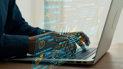 A focused user interacts with a sophisticated data analytics interface on a laptop, showcasing artificial intelligence trends and business insights crucial for decision-making. Cipher