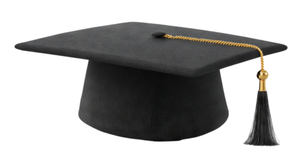 Isolated black graduation cap with golden tassel in high resolution png style, clean transparent background feel and crisp cutout ideal for education designs, graduation invitations, stickers, posters