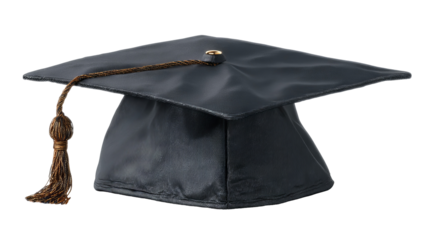 Isolated black graduation cap with golden tassel in high resolution png style, clean transparent background feel and crisp cutout ideal for education designs, graduation invitations, stickers, posters