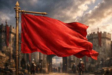 Elegant blank medieval red banner hanging on a gold pole in a castle interior.