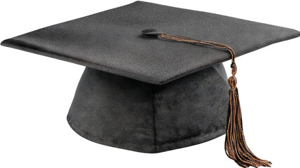 Isolated black graduation cap with golden tassel in high resolution png style, clean transparent background feel and crisp cutout ideal for education designs, graduation invitations, stickers, posters