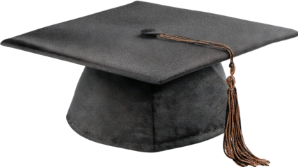 Isolated black graduation cap with golden tassel in high resolution png style, clean transparent background feel and crisp cutout ideal for education designs, graduation invitations, stickers, posters