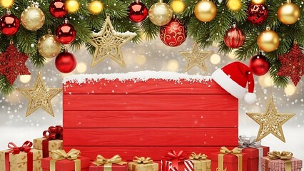 Festive Christmas Card Design with Red Wooden Crate, Gift Boxes, Baubles, and Stars