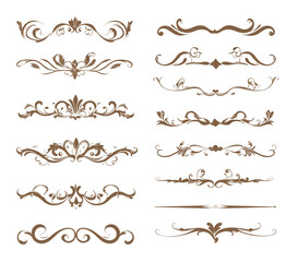 Obraz premium Set of elegant vintage decorative design elements including calligraphic swirls, text dividers, floral flourishes, and ornamental borders in sepia tone, isolated on a white background