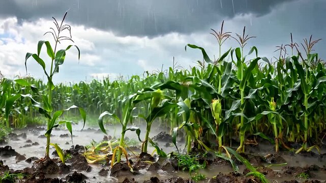 Stormy Cornfield Under Dark Cloudy Sky.