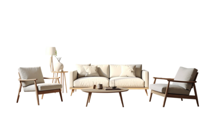 Interior scene featuring a sofa, armchairs, and a coffee table