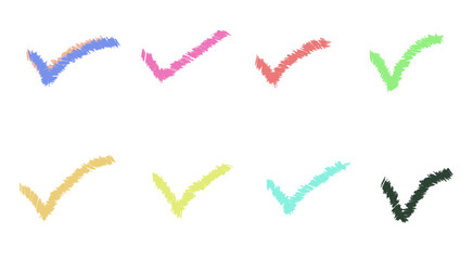 Hand-drawn check mark brush strokes on transparent background for approval icons, UI elements, and creative graphic design	