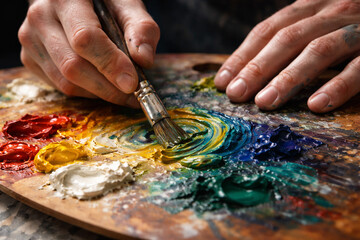 Obraz premium Artist hands mixing vibrant colors on a palette, creative painting process close up.