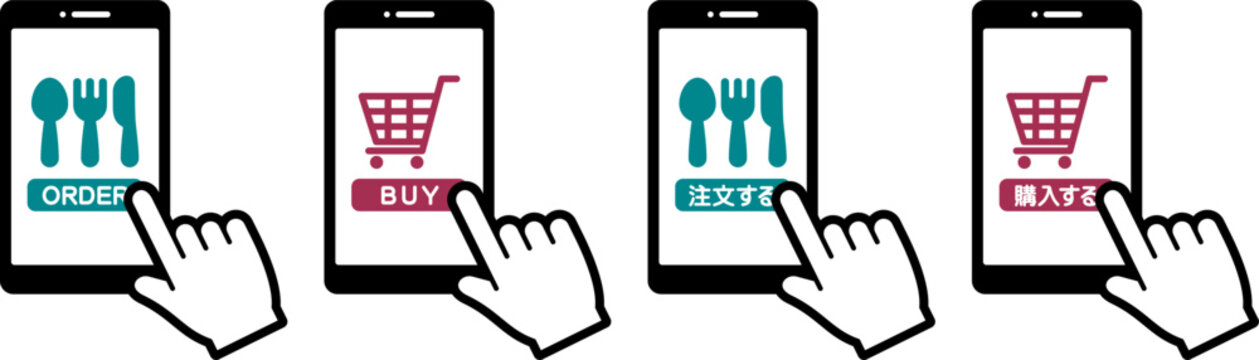 スマートフォンで注文・購入する操作のアイコンイラスト（Mobile Order and Purchase on Smartphone Icon）
