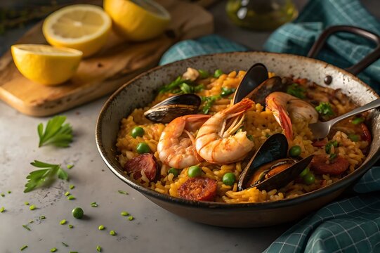 Seafood paella with shrimp, mussels, and vegetables in a pan.