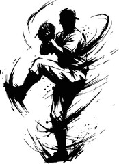 Baseball Pitcher Winding Up Ink Brush Silhouette. Japanese Sport Vector
