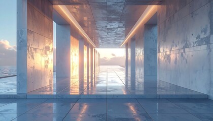 Modern architectural hallway with pillars and a sea view at sunset. Sunlight streams, reflecting on the smooth surfaces. Clean lines