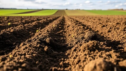 Close-up view of freshly tilled brown soil in a vast agricultural field under a cloudy sky, ready for planting.