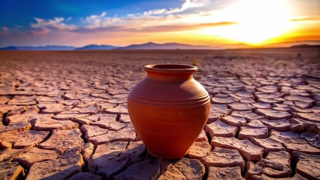 Clay pot in arid landscape under dramatic sky at sunset