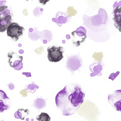Seamless abstract watercolor pattern with soft purple, lavender, and neutral ink splashes on a clean white background. Perfect for modern textiles, stationery, packaging, wallpapers, and elegant digit