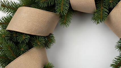 Christmas wreath with burlap ribbon on white background