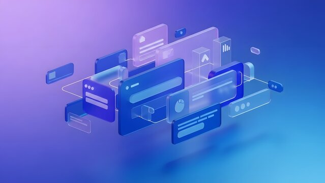 Abstract 3D rendering of interconnected digital user interface elements and data flow on a gradient background, representing technology and software development. - Powered by Adobe