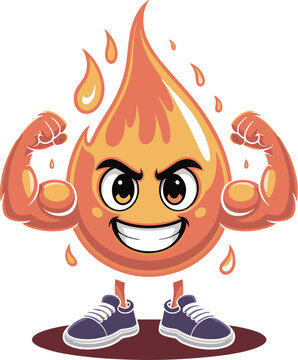 Strong fire flame cartoon character flexing muscular arms with powerful energy and determined expression for sports branding fitness motivation gym logo and heating industry marketing illustration
