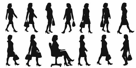 Silhouettes of fashionable women in various poses and outfits displayed graphically