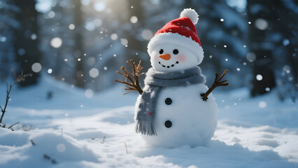 Fototapeta premium Winter Snowman, Holiday Scene, Snowy Landscape, Christmas Hat, Scarf��Snowflakes, Seasonal Decoration