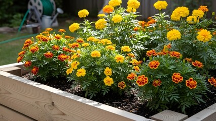 Vibrant yellow and orange marigold flowers blooming profusely in a wooden raised garden bed under bright sunlight, showcasing a beautiful home garden scene.
