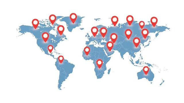 A blue world map with red location pins showing a global presence