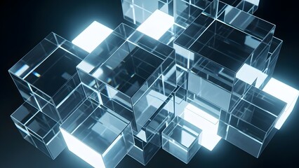 Abstract composition of glowing transparent glass cubes on a dark background.