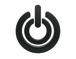 Dark, metallic power symbol on a stark black background