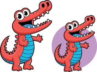 Cute red crocodile cartoon character smiling and waving with friendly expression for kids educational materials and nursery decor playful alligator mascot vector illustration for children branding