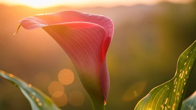 Red calla lily with water droplets in golden hour sunlight a symbol of beauty and purity