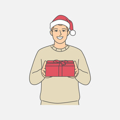 Cartoon illustration of a happy man wearing a Santa hat receiving a gift at Christmas celebration